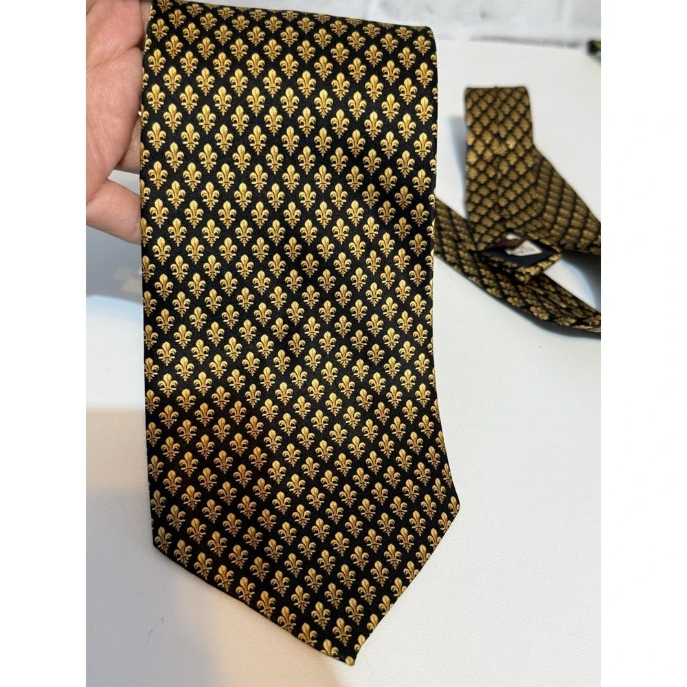 Enzo Felini All Silk Necktie Black Gold Fleur-de-Lis Made in France Vintage